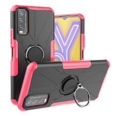 Silicone Matte Finish and Plastic Back Cover Case with Magnetic Finger Ring Stand JX1 for Vivo Y12A Hot Pink