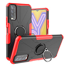 Silicone Matte Finish and Plastic Back Cover Case with Magnetic Finger Ring Stand JX1 for Vivo Y12A Red