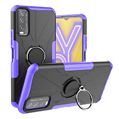 Silicone Matte Finish and Plastic Back Cover Case with Magnetic Finger Ring Stand JX1 for Vivo Y12s (2021) Purple