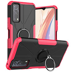 Silicone Matte Finish and Plastic Back Cover Case with Magnetic Finger Ring Stand JX1 for Vivo Y72 5G Hot Pink