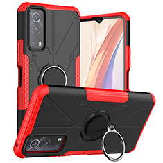 Silicone Matte Finish and Plastic Back Cover Case with Magnetic Finger Ring Stand JX1 for Vivo Y72 5G Red