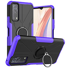 Silicone Matte Finish and Plastic Back Cover Case with Magnetic Finger Ring Stand JX1 for Vivo Y75s 5G Purple