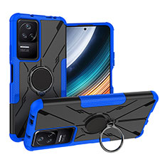 Silicone Matte Finish and Plastic Back Cover Case with Magnetic Finger Ring Stand JX1 for Xiaomi Poco F4 5G Blue