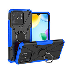 Silicone Matte Finish and Plastic Back Cover Case with Magnetic Finger Ring Stand JX1 for Xiaomi Redmi 10 India Blue