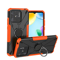 Silicone Matte Finish and Plastic Back Cover Case with Magnetic Finger Ring Stand JX1 for Xiaomi Redmi 10 Power Orange