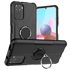 Silicone Matte Finish and Plastic Back Cover Case with Magnetic Finger Ring Stand JX1 for Xiaomi Redmi Note 10 4G Black