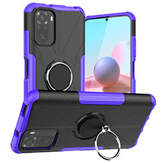 Silicone Matte Finish and Plastic Back Cover Case with Magnetic Finger Ring Stand JX1 for Xiaomi Redmi Note 10 4G Purple