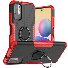 Silicone Matte Finish and Plastic Back Cover Case with Magnetic Finger Ring Stand JX1 for Xiaomi Redmi Note 10 5G Red