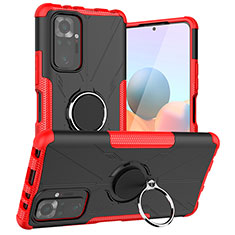 Silicone Matte Finish and Plastic Back Cover Case with Magnetic Finger Ring Stand JX1 for Xiaomi Redmi Note 10 Pro 4G Red