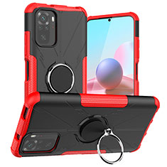 Silicone Matte Finish and Plastic Back Cover Case with Magnetic Finger Ring Stand JX1 for Xiaomi Redmi Note 10S 4G Red