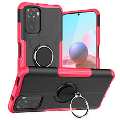 Silicone Matte Finish and Plastic Back Cover Case with Magnetic Finger Ring Stand JX1 for Xiaomi Redmi Note 11 SE India 4G Hot Pink