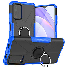 Silicone Matte Finish and Plastic Back Cover Case with Magnetic Finger Ring Stand JX1 for Xiaomi Redmi Note 9 4G Blue