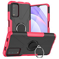 Silicone Matte Finish and Plastic Back Cover Case with Magnetic Finger Ring Stand JX1 for Xiaomi Redmi Note 9 4G Hot Pink