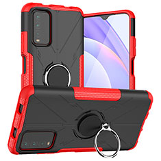 Silicone Matte Finish and Plastic Back Cover Case with Magnetic Finger Ring Stand JX1 for Xiaomi Redmi Note 9 4G Red