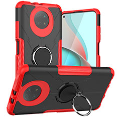 Silicone Matte Finish and Plastic Back Cover Case with Magnetic Finger Ring Stand JX1 for Xiaomi Redmi Note 9 5G Red