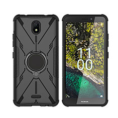 Silicone Matte Finish and Plastic Back Cover Case with Magnetic Finger Ring Stand JX2 for Nokia C100 Black