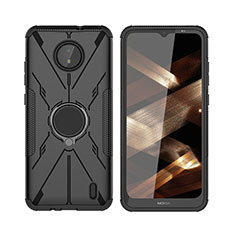 Silicone Matte Finish and Plastic Back Cover Case with Magnetic Finger Ring Stand JX2 for Nokia C20 Black