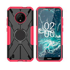 Silicone Matte Finish and Plastic Back Cover Case with Magnetic Finger Ring Stand JX2 for Nokia C200 Hot Pink