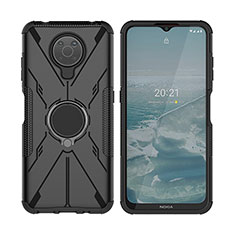 Silicone Matte Finish and Plastic Back Cover Case with Magnetic Finger Ring Stand JX2 for Nokia G10 Black