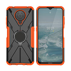 Silicone Matte Finish and Plastic Back Cover Case with Magnetic Finger Ring Stand JX2 for Nokia G10 Orange