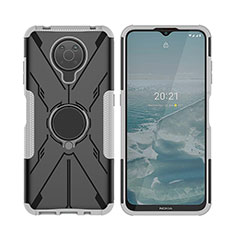 Silicone Matte Finish and Plastic Back Cover Case with Magnetic Finger Ring Stand JX2 for Nokia G10 Silver