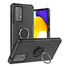 Silicone Matte Finish and Plastic Back Cover Case with Magnetic Finger Ring Stand JX2 for Samsung Galaxy A52 4G Black