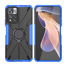 Silicone Matte Finish and Plastic Back Cover Case with Magnetic Finger Ring Stand JX2 for Xiaomi Poco X4 NFC Blue