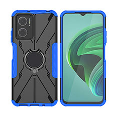 Silicone Matte Finish and Plastic Back Cover Case with Magnetic Finger Ring Stand JX2 for Xiaomi Redmi 11 Prime 5G Blue