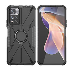 Silicone Matte Finish and Plastic Back Cover Case with Magnetic Finger Ring Stand JX2 for Xiaomi Redmi Note 11 Pro+ Plus 5G Black