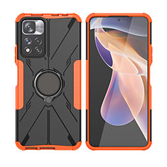 Silicone Matte Finish and Plastic Back Cover Case with Magnetic Finger Ring Stand JX2 for Xiaomi Redmi Note 11 Pro+ Plus 5G Orange