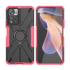 Silicone Matte Finish and Plastic Back Cover Case with Magnetic Finger Ring Stand JX2 for Xiaomi Redmi Note 11 Pro+ Plus 5G Red