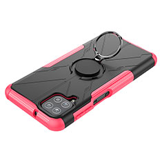 Silicone Matte Finish and Plastic Back Cover Case with Magnetic Finger Ring Stand JX3 for Samsung Galaxy F12 Hot Pink