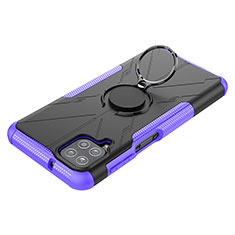 Silicone Matte Finish and Plastic Back Cover Case with Magnetic Finger Ring Stand JX3 for Samsung Galaxy F12 Purple