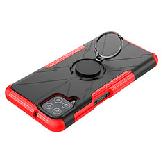 Silicone Matte Finish and Plastic Back Cover Case with Magnetic Finger Ring Stand JX3 for Samsung Galaxy F12 Red