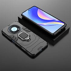 Silicone Matte Finish and Plastic Back Cover Case with Magnetic Finger Ring Stand KC1 for Huawei Enjoy 50 Pro Black