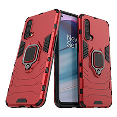 Silicone Matte Finish and Plastic Back Cover Case with Magnetic Finger Ring Stand KC1 for OnePlus Nord CE 5G Red