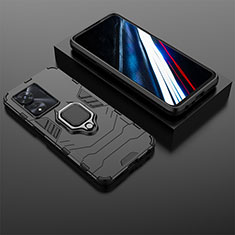 Silicone Matte Finish and Plastic Back Cover Case with Magnetic Finger Ring Stand KC1 for Oppo A78 4G Black