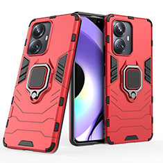 Silicone Matte Finish and Plastic Back Cover Case with Magnetic Finger Ring Stand KC1 for Realme 10 Pro+ Plus 5G Red