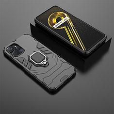Silicone Matte Finish and Plastic Back Cover Case with Magnetic Finger Ring Stand KC1 for Realme 9i 5G Black