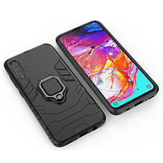 Silicone Matte Finish and Plastic Back Cover Case with Magnetic Finger Ring Stand KC1 for Samsung Galaxy A70S Black