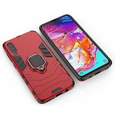 Silicone Matte Finish and Plastic Back Cover Case with Magnetic Finger Ring Stand KC1 for Samsung Galaxy A70S Red