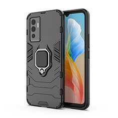 Silicone Matte Finish and Plastic Back Cover Case with Magnetic Finger Ring Stand KC1 for Vivo V23e 5G Black