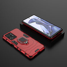 Silicone Matte Finish and Plastic Back Cover Case with Magnetic Finger Ring Stand KC1 for Xiaomi Mi 11T 5G Red