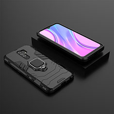 Silicone Matte Finish and Plastic Back Cover Case with Magnetic Finger Ring Stand KC1 for Xiaomi Poco M2 Black