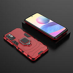 Silicone Matte Finish and Plastic Back Cover Case with Magnetic Finger Ring Stand KC1 for Xiaomi Redmi Note 10T 5G Red