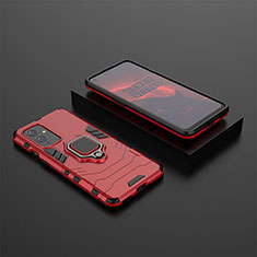 Silicone Matte Finish and Plastic Back Cover Case with Magnetic Finger Ring Stand KC2 for OnePlus 9 5G Red