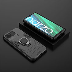 Silicone Matte Finish and Plastic Back Cover Case with Magnetic Finger Ring Stand KC2 for Realme Narzo 50A Black