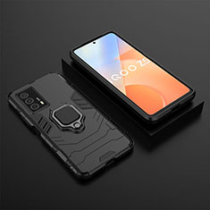 Silicone Matte Finish and Plastic Back Cover Case with Magnetic Finger Ring Stand KC2 for Vivo iQOO Z5 5G Black