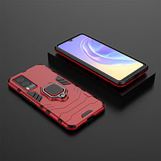 Silicone Matte Finish and Plastic Back Cover Case with Magnetic Finger Ring Stand KC2 for Vivo V21e 5G Red