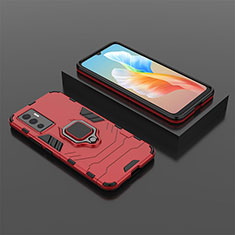 Silicone Matte Finish and Plastic Back Cover Case with Magnetic Finger Ring Stand KC2 for Vivo V23e Red